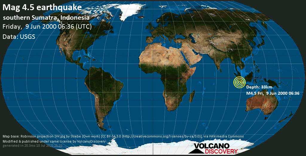 Terremoto moderato mag. 4.5 - Indian Ocean, 1 km a sud ovest da Bengkulu, Indonesia, venerdì, 09 giugno 2000