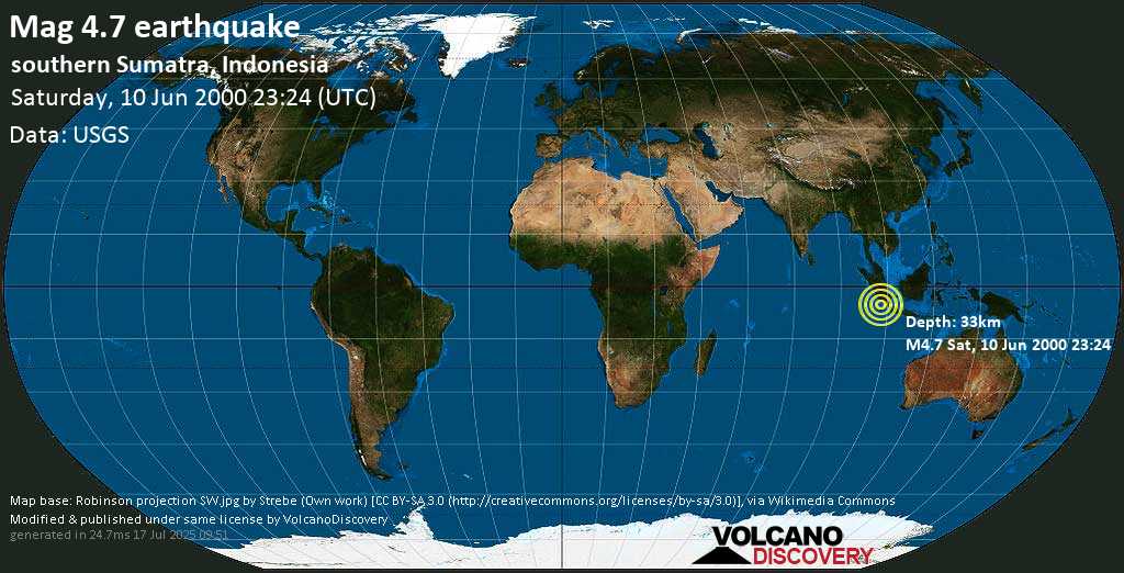 Mag. 4.7 earthquake - Southern Sumatra, Indonesia, on Saturday, 10 June 2000 at 23:24 (GMT)