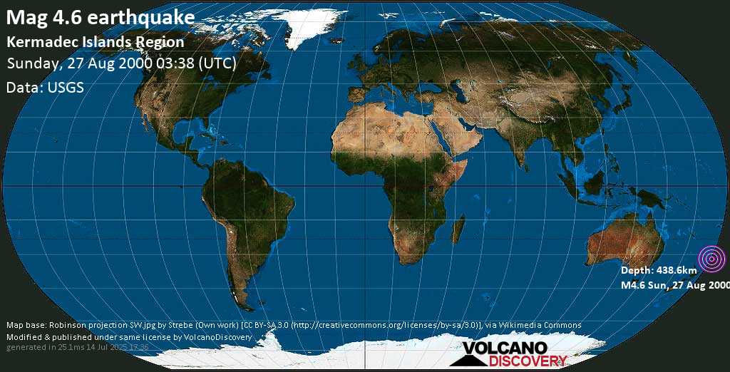 Mag. 4.6 earthquake - Kermadec Islands Region on Sunday, 27 August 2000 at 03:38 (GMT)