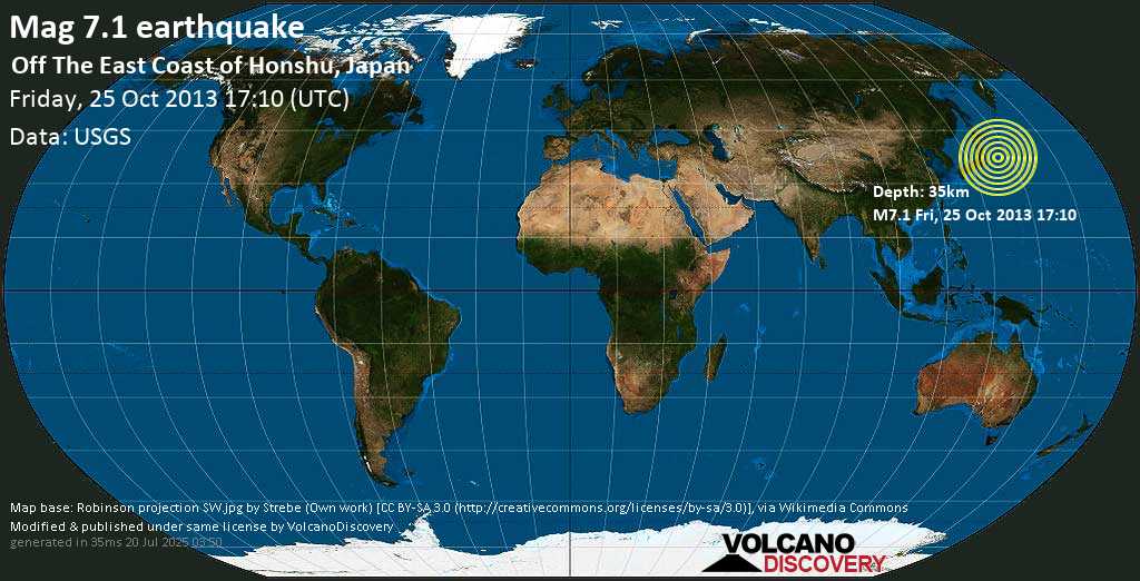 Major mag. 7.1 earthquake - Off the East Coast of Honshu, Japan on Friday, 25 October 2013
