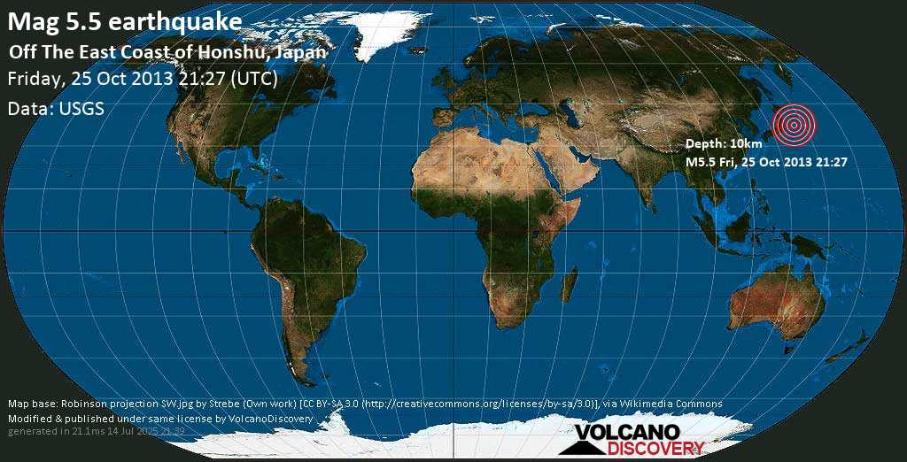 Moderate mag. 5.5 earthquake - Off the East Coast of Honshu, Japan on Friday, 25 October 2013