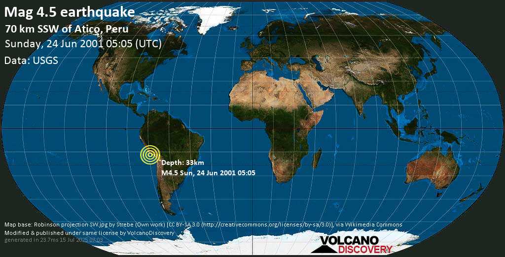 Mag. 4.5 earthquake - Near the Coast of Southern Peru on Sunday, 24 June 2001 at 05:05 (GMT)