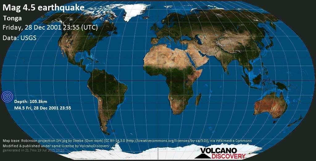 Mag. 4.5 earthquake - Tonga on Friday, 28 December 2001 at 23:55 (GMT)