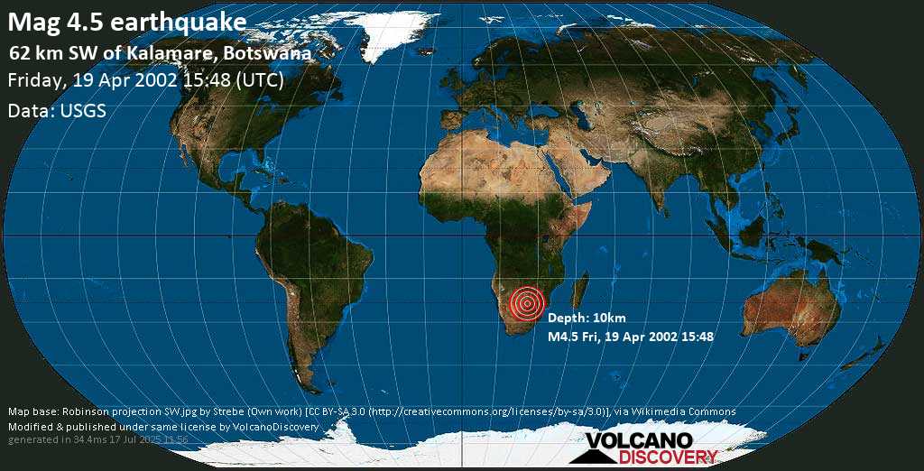 Moderate mag. 4.5 earthquake - 75 km west of Mahalapye, Central, Botswana, on Friday, 19 April 2002 at 15:48 (GMT)