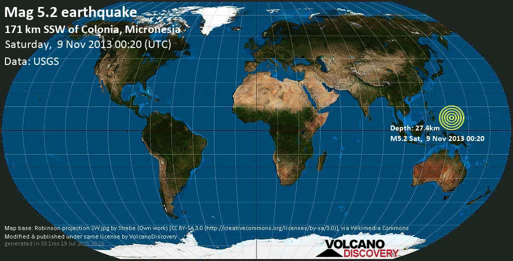Moderate mag. 5.2 earthquake - North Pacific Ocean, Micronesia, on Saturday, November 09, 2013 09:20:45
