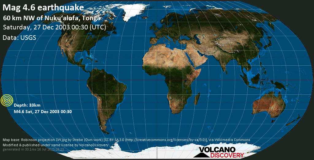 - South Pacific Ocean, 60 km northwest of Nuku\'alofa, Tongatapu, on Saturday, 27 December 2003 at 00:30 (GMT)