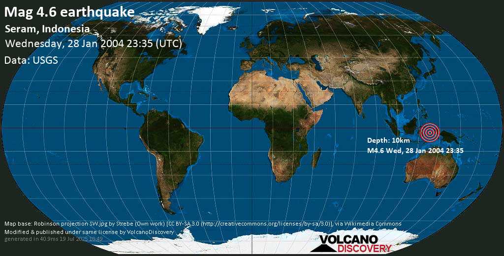 Mag. 4.6 earthquake - Seram, Indonesia, on Wednesday, 28 January 2004 at 23:35 (GMT)