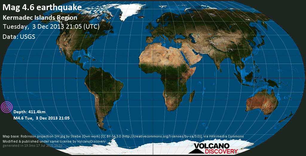 Mag. 4.7 earthquake - South Pacific Ocean, 1331 km northeast of Wellington, New Zealand, on Tuesday, December 03, 2013 09:05:27