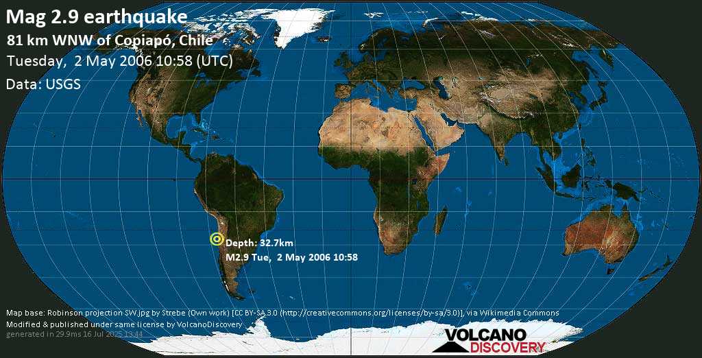 Mag. 2.9 earthquake - Offshore Atacama, Chile, on Tuesday, 2 May 2006 at 10:58 (GMT)