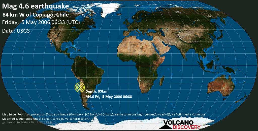 Mag. 4.6 earthquake - Offshore Atacama, Chile, on Friday, 5 May 2006 at 06:33 (GMT)
