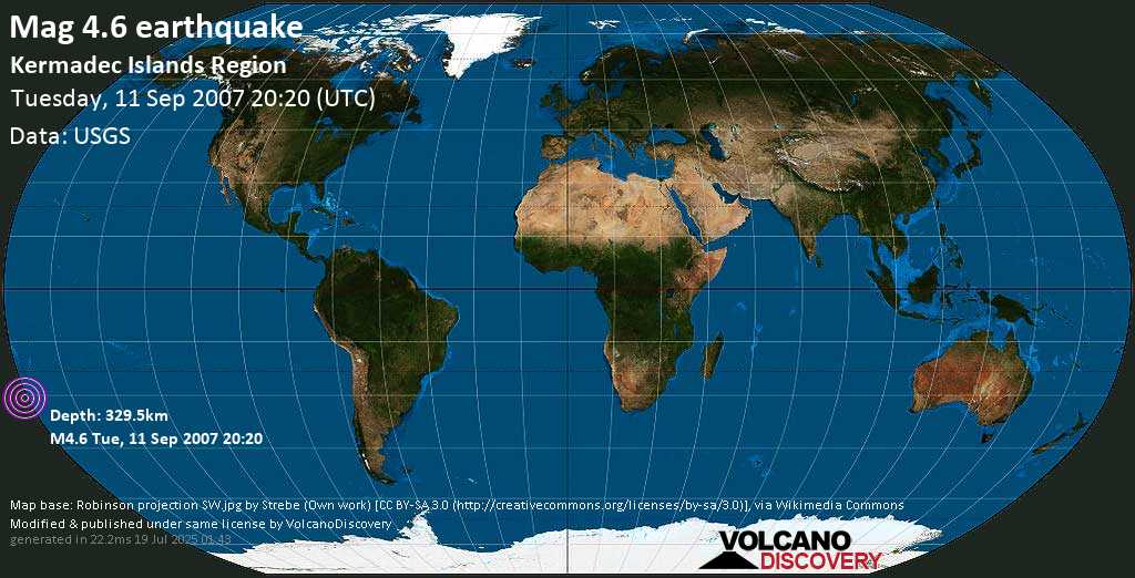 Light mag. 4.6 earthquake - South Pacific Ocean, New Zealand, on Tuesday, 11 September 2007 at 20:20 (GMT)