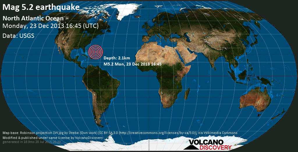 Moderate mag. 5.2 earthquake - North Atlantic Ocean on Monday, 23 December 2013