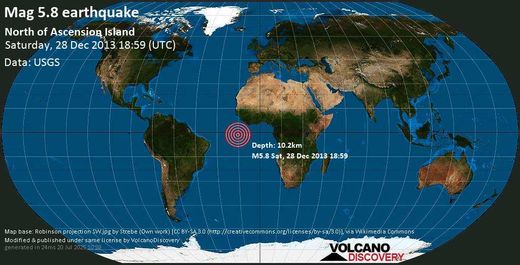 Moderate mag. 5.8 earthquake - North of Ascension Island on Saturday, 28 December 2013