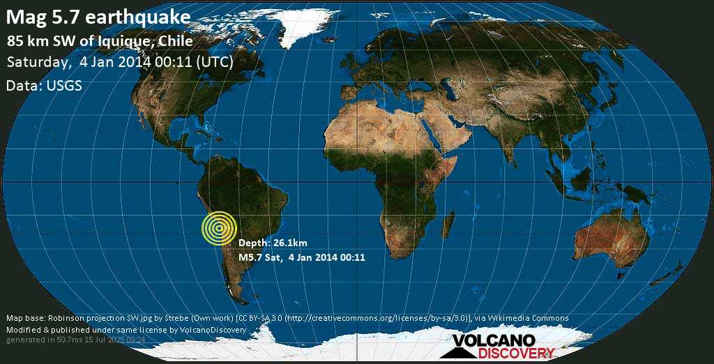 Moderato terremoto magnitudine 5.9 - South Pacific Ocean, 72 km a sud ovest da Iquique, Regione di Tarapacá, Cile, sabato, 04 gennaio 2014