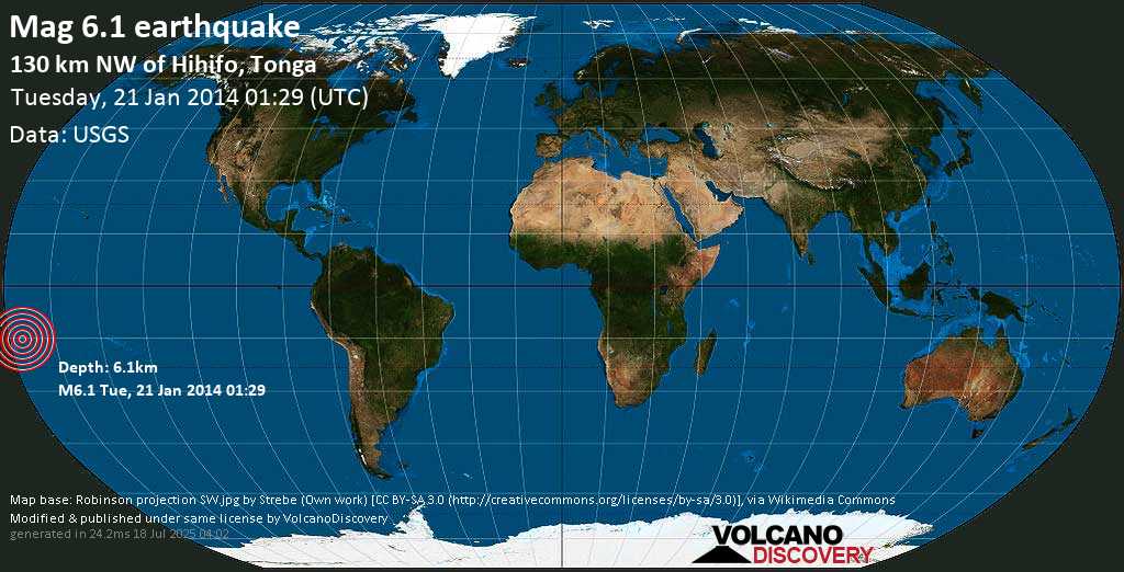 Moderato terremoto magnitudine 5.9 - South Pacific Ocean, 74 km a nord est da Niuafo‘ou , Vava‘u, Tonga, martedì, 21 gennaio 2014