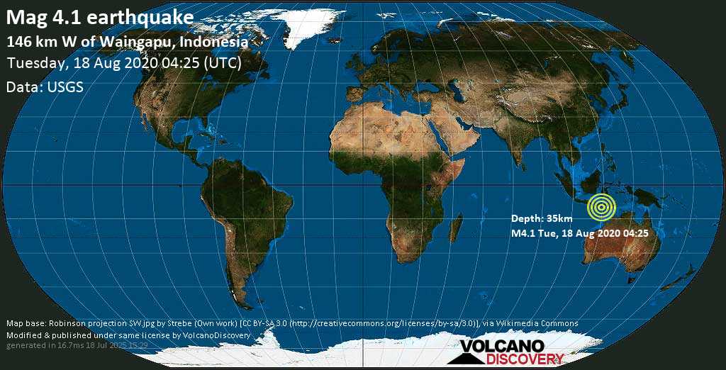 Mag. 4.4 earthquake - 169 km southwest of Labuan Bajo, Kabupaten Manggarai Barat, Nusa Tenggara Timur, Indonesia, on Tuesday, 18 August 2020 at 04:25 (GMT)