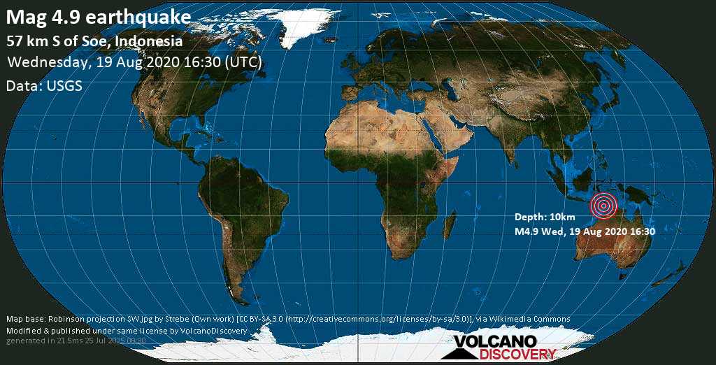 Moderate mag. 4.9 earthquake - 73 km east of Kupang, Nusa Tenggara Timur, Indonesia, on Wednesday, 19 August 2020 at 16:30 (GMT)
