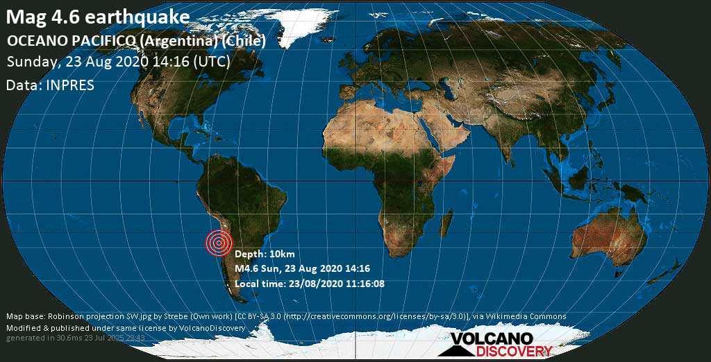Light mag. 4.6 earthquake - OCEANO PACIFICO (Argentina) (Chile) on Sunday, 23 August 2020