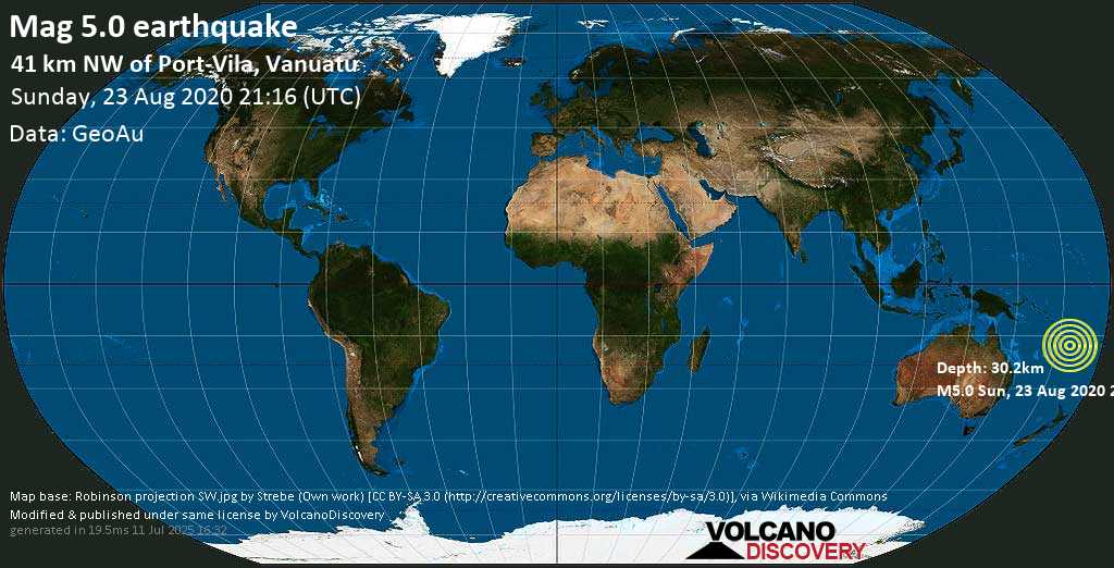 Moderate mag. 5.0 earthquake - Coral Sea, 40 km northwest of Port Vila, Shefa Province, Vanuatu, on Sunday, 23 August 2020 at 21:16 (GMT)