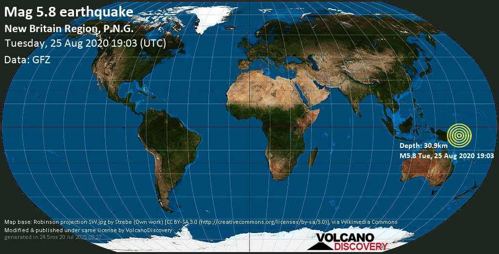 Moderate mag. 5.8 earthquake - New Britain Region, P.N.G. (Papua New Guinea) on Tuesday, 25 August 2020