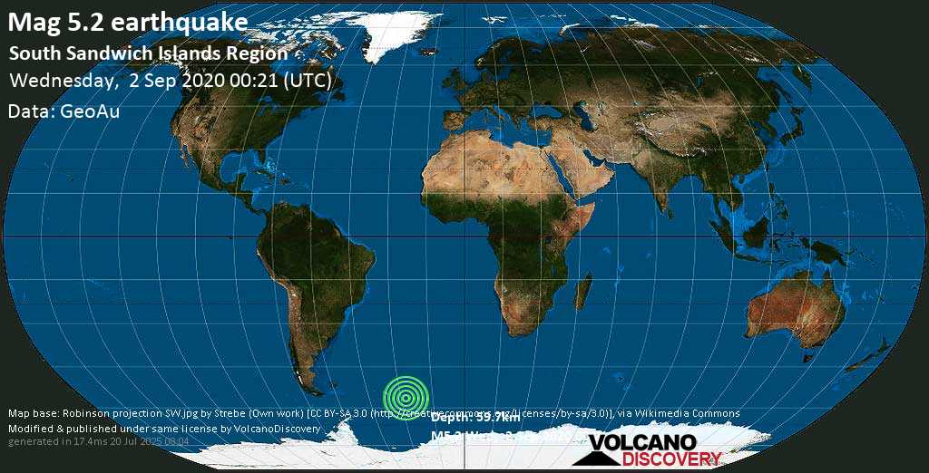 Moderate mag. 5.2 earthquake - South Sandwich Islands Region on Wednesday, 2 September 2020 at 00:21 (GMT)