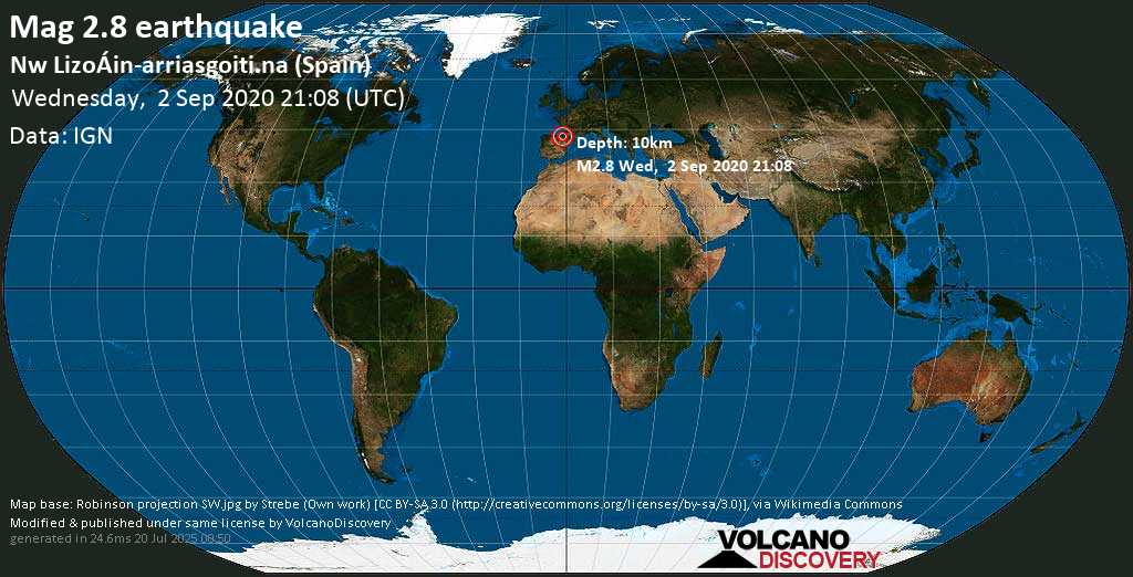 Mag. 2.8 earthquake - Nw LizoÁin-arriasgoiti.na (Spain) on Wednesday, 2 September 2020 at 21:08 (GMT)