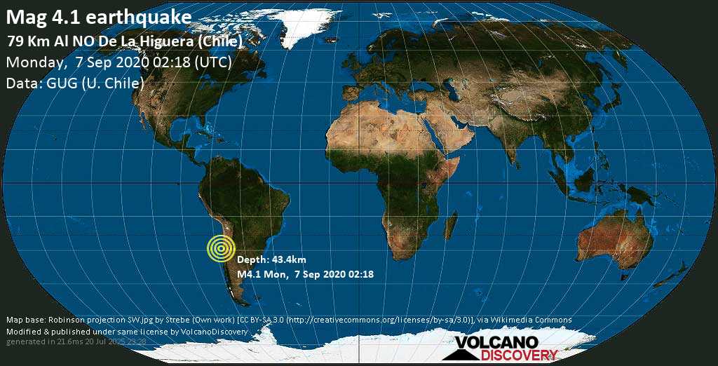 Light mag. 4.1 earthquake - 114 km north of Coquimbo, Elqui, Chile, on Monday, 7 September 2020 at 02:18 (GMT)