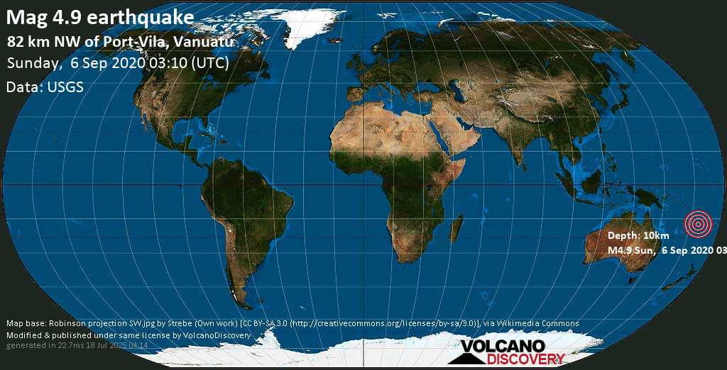 Moderate mag. 4.9 earthquake - 85 km northwest of Port-Vila, Port Vila, Shefa Province, Vanuatu, on Sunday, 6 September 2020 at 03:10 (GMT)