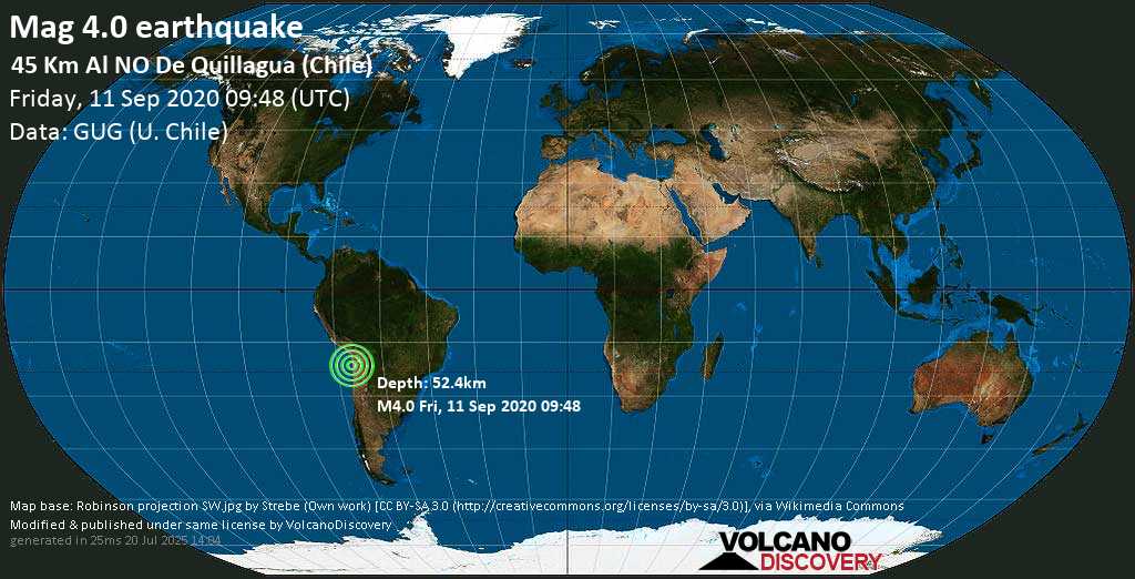 Light mag. 4.0 earthquake - 45 Km Al NO De Quillagua (Chile) on Friday, 11 September 2020
