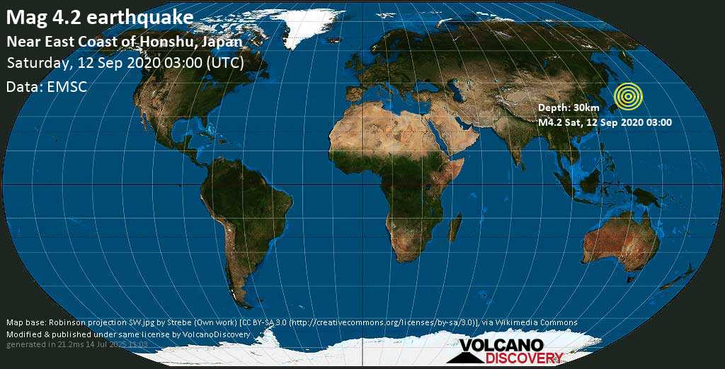 Light mag. 4.2 earthquake - 134 km east of Sendai, Japan, on Saturday, September 12, 2020 at 03:00 GMT