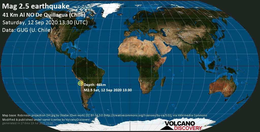 Erdbeben der Stärke 2.5 - Provincia del Tamarugal, Tarapaca, 90 km nordöstlich von Tocopilla, Antofagasta, Chile, am Samstag, 12. Sep 2020 um 13:30 GMT