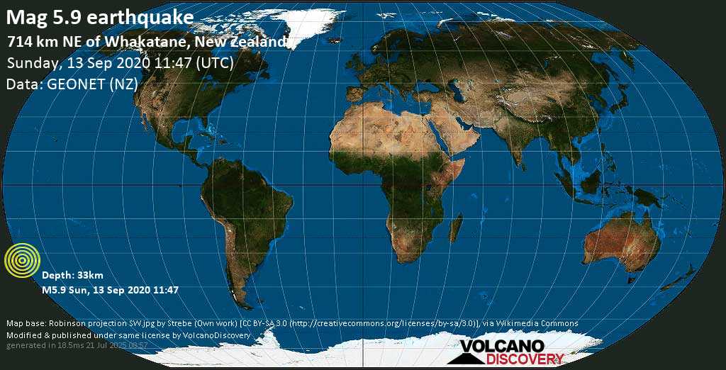 Moderate mag. 5.9 earthquake - 714 km NE of Whakatane, New Zealand on Sunday, 13 September 2020