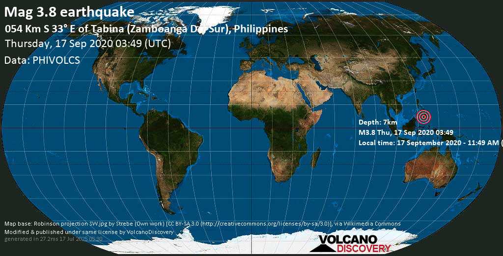 Moderate mag. 3.8 earthquake - 85 km west of Budta, SOCCSKSARGEN, Philippines, on 17 September 2020 - 11:49 AM (PST)