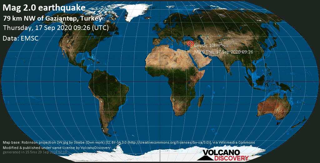 Quake Info M2 0 Earthquake On Thursday 17 September 2020 09 26 Utc 79 Km Nw Of Gaziantep Turkey Volcanodiscovery