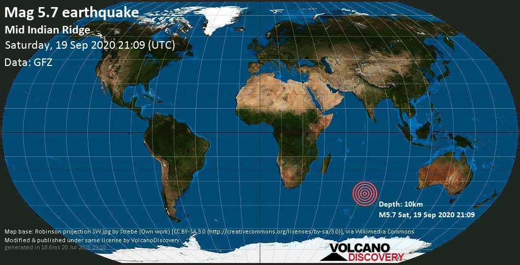 Moderate mag. 5.8 earthquake - Mid Indian Ridge, French Southern Territories on Saturday, 19 September 2020