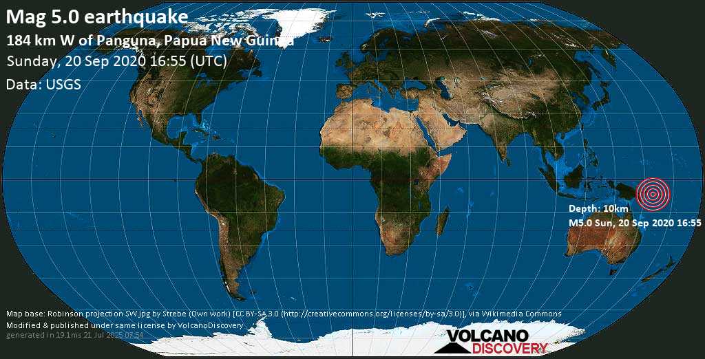 Moderate mag. 5.0 earthquake - 184 Km W of Panguna, Papua New Guinea on Sunday, 20 September 2020