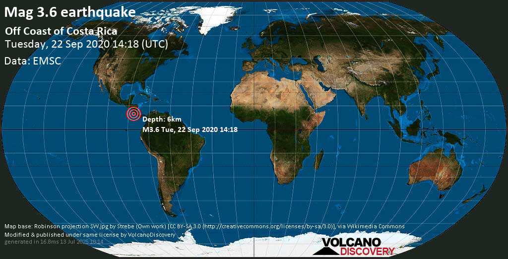 Light mag. 3.6 earthquake - 46 km south of Nicoya, Provincia de Guanacaste, Costa Rica, on Tuesday, 22 September 2020 at 14:18 (GMT)