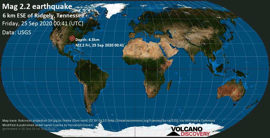 Minor mag. 2.3 earthquake - 6 Km ESE of Ridgely, Tennessee, USA on Friday, 25 September 2020