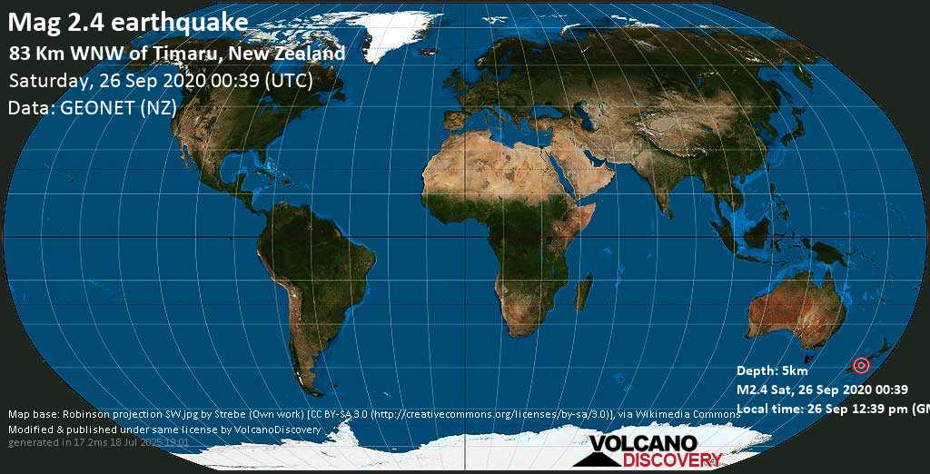 Weak mag. 2.4 earthquake - 8.5 km west of Lake Tekapo, Mackenzie District, Canterbury, New Zealand, on 26 Sep 12:39 pm (GMT +12)