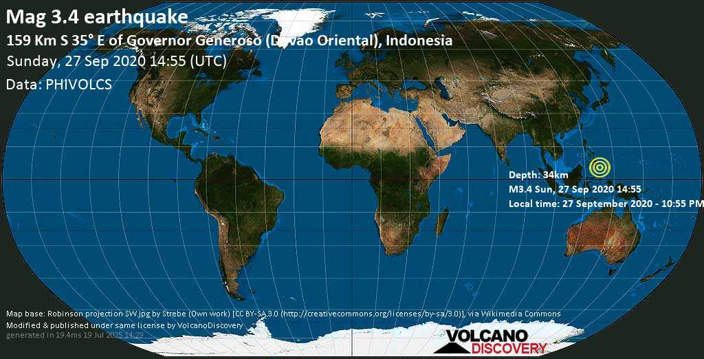 Minor mag. 3.4 earthquake - 159 Km S 35° E of Governor Generoso (Davao Oriental), Indonesia on Sunday, 27 September 2020