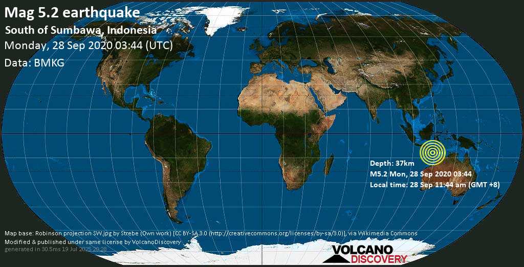 Moderate mag. 5.2 earthquake - South of Sumbawa, Indonesia, on 28 Sep 11:44 am (GMT +8)