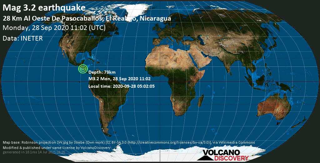 Mag. 3.2 earthquake - North Pacific Ocean, 39 km southwest of Chinandega, Nicaragua, on 2020-09-28 05:02:05