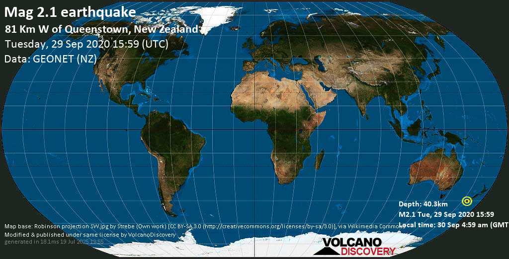 Minor mag. 2.1 earthquake - 50 km north of Te Anau, Southland, New Zealand, on 30 Sep 4:59 am (GMT +13)