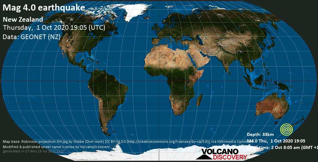 Light mag. 4.0 earthquake - New Zealand on Thursday, 1 October 2020