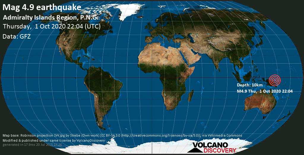 Moderate mag. 5.0 earthquake - 205 km east of Wewak, East Sepik, Papua New Guinea, on 2 Oct 8:04 am (GMT +10)