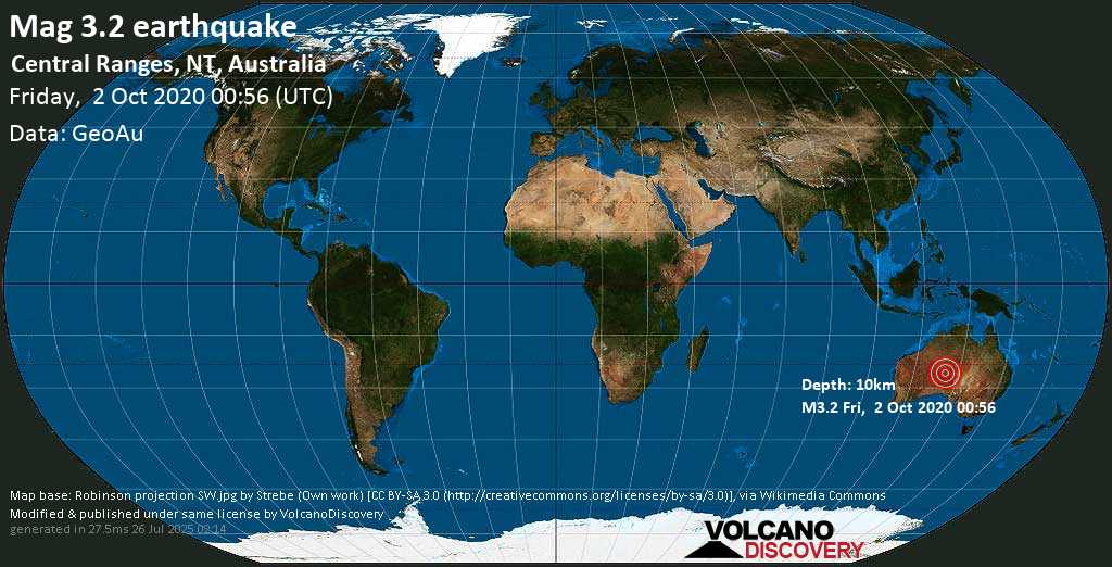 Débil terremoto magnitud 3.2 - Macdonnell Shire, 59 km NNW of Kanpi, Anangu Pitjantjatjara, Australia Meridional, viernes, 02 oct. 2020