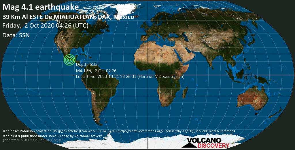 Séisme faible mag. 4.1 - 6.1 km à l\'est de Santa Catarina Quioquitani, État de Oaxaca, Mexique, 2020-10-01 23:26:01 (Hora de México)