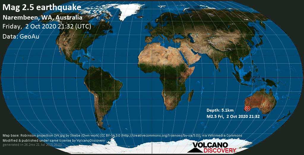 Mag. 2.5 earthquake - Narembeen, WA, Australia, on Friday, 2 October 2020 at 21:32 (GMT)