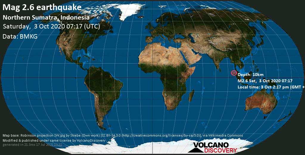 Sismo debile mag. 2.8 - 28 km a sud da Reuleuet, Aceh, Indonesia, sabato, 03 ottobre 2020