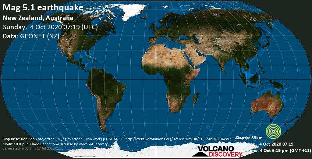 Moderato terremoto magnitudine 5.1 - New Zealand, Australia, domenica, 04 ottobre 2020